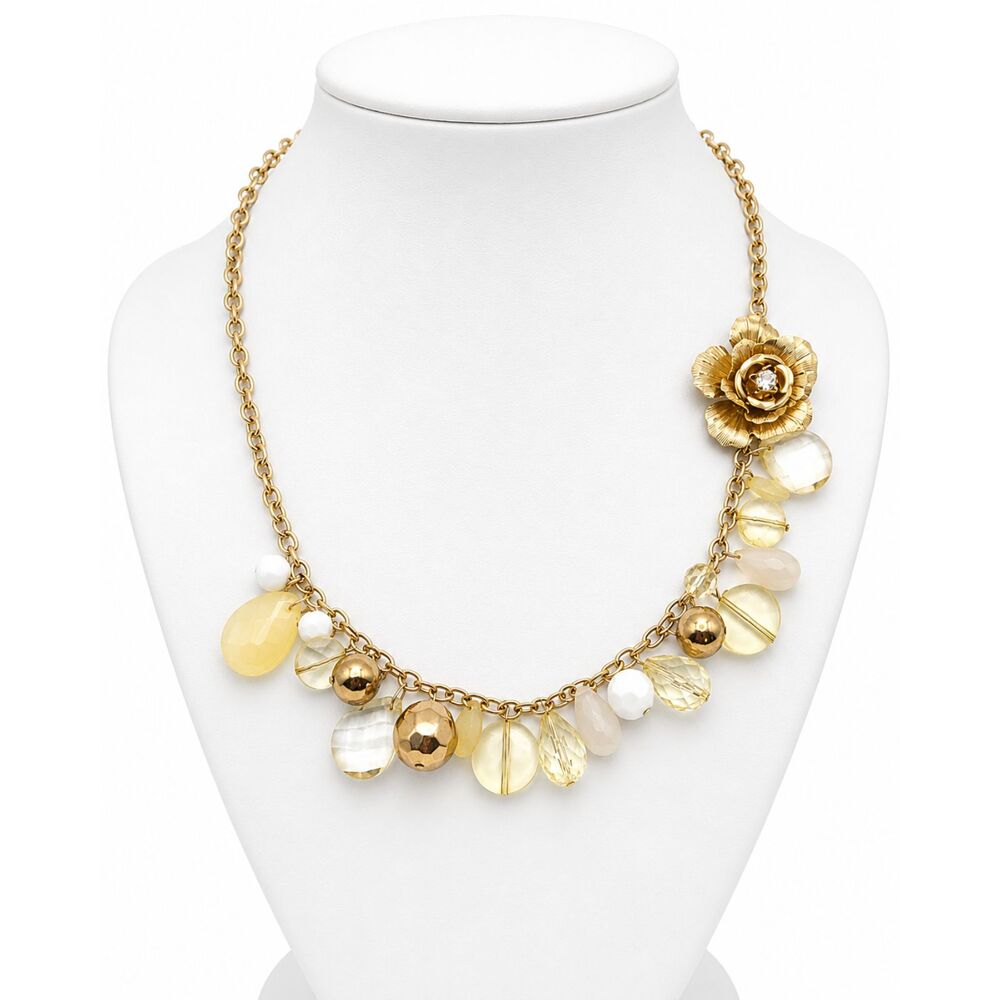 Vintage Gold Tone Charm‎ Necklace Flower Pendant Beaded Fashion Jewelry